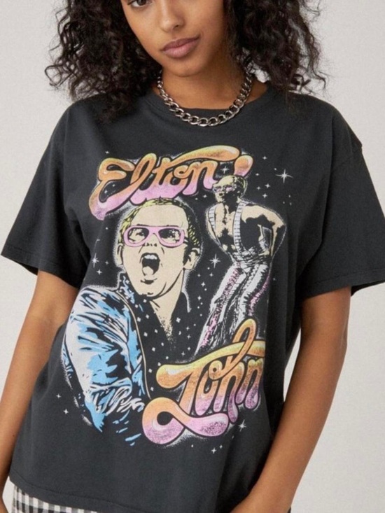 Daydreamer Tops - Daydreamer Elton John Graphic Tee with Pastel Print, Dark Gray, Size Small